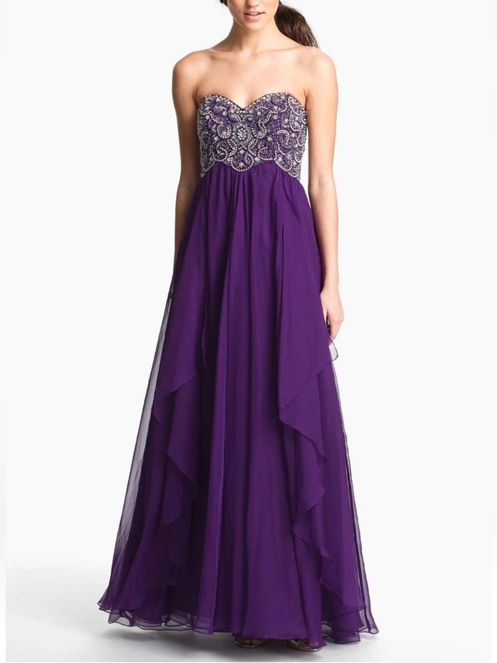 Sherri Hill Purple Strapless Beaded Chiffon Prom Gown Formal Pageant Dress SZ 12